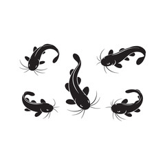 A vector illustration of a full black catfish silhouette sets on white background