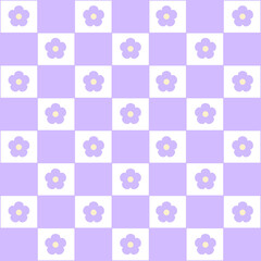 Abstract seamless pattern with flowers. Retro checkered purple background.