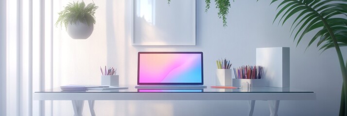 Modern desk with open laptop and colorful supplies for creative work