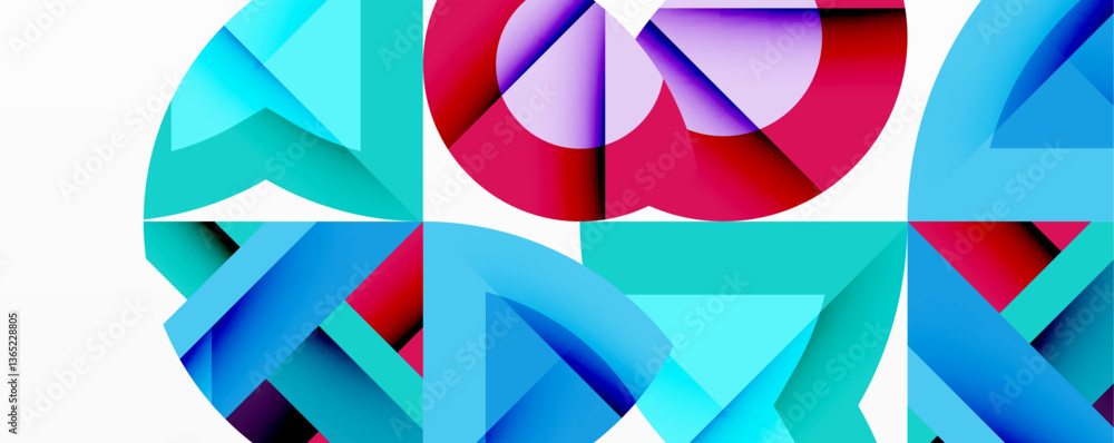 Poster Circles, semi circles, squares and round triangles. Geometric mosaic style pattern abstract background for wallpaper, banner, backdrop, card, book Illustration, landing page