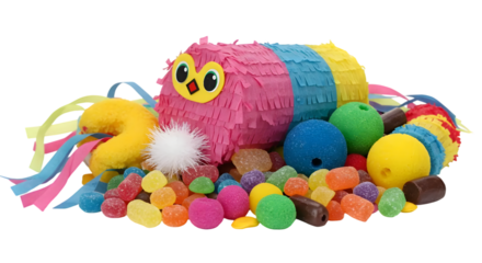 Colorful Pinata Surrounded by Assorted Sweets and Candy on a White Background for Festive and Celebratory Themes in Celebrations