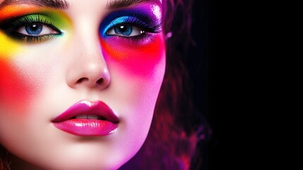 Fototapeta premium A vibrant portrait of a woman boldly showcasing a rainbow of colors on her face, a radiant celebration of self-expression and individuality against a dark background.