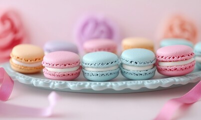 Fototapeta premium Assorted pastel macarons are beautifully arranged on a light blue plate with pink ribbon accents.