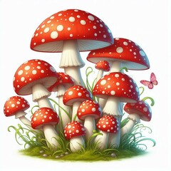 Obraz premium Detailed Digital Art of Red and White Spotted Mushrooms with Butterflies in a Green, Grassy Environment.