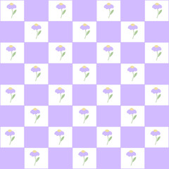 Abstract seamless pattern with flowers. Retro checkered purple background.