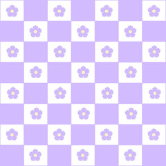Abstract seamless pattern with flowers. Retro checkered purple background.