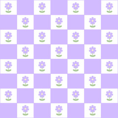 Abstract seamless pattern with flowers. Retro checkered purple background.