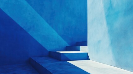 Abstract blue steps, light and shadow, architectural interior