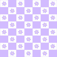 Abstract seamless pattern with flowers. Retro checkered purple background.