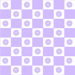 Abstract seamless pattern with flowers. Retro checkered purple background.