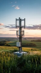 Modern cell tower stands tall against a beautiful sunset over rolling hills in a rural landscape