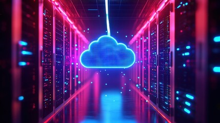 A vibrant digital cloud icon illuminates a futuristic data center, showcasing colorful lights and advanced technology.