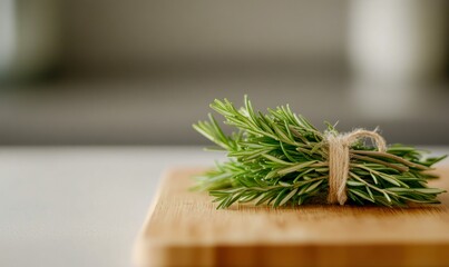 Fototapeta premium Close-up of a bundle of fresh rosemary tied with twine on a rustic wooden board.