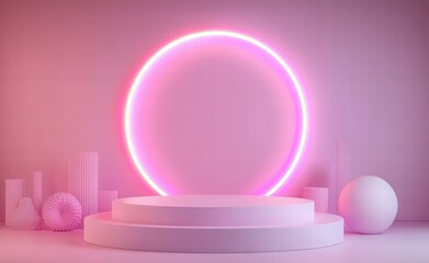 Obraz premium 3d podium with geometric shapes and glowing light ring on pastel background. product display and presentation design