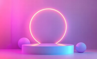 Obraz premium 3d podium with geometric shapes and glowing light ring on pastel background. product display and presentation design