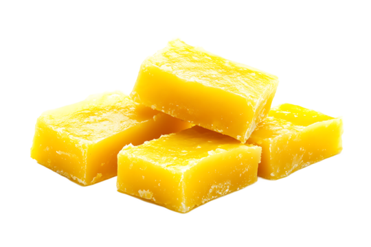 A close up view of a small pile of bright yellow blocks on a black background in a studio shot