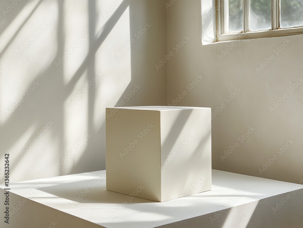 Poster cube object display on pedestal with window light and shadow