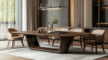 Obraz premium A modern dining room interior design with a table and chairs