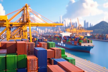 Fototapeta premium Aerial view of container cargo ship in ports