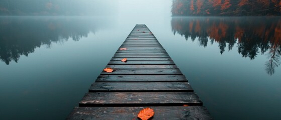 A wooden pier extends into a calm lake, surrounded by trees with autumn leaves.