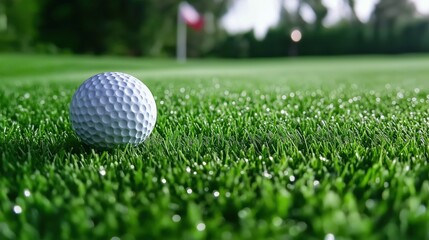 Naklejka premium Golf ball resting on lush green turf