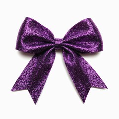 Purple shiny glittering ribbon tied in a bow isolated on white background.