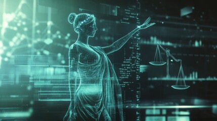 An AI powered futuristic legal arbitration court, holographic case presentations with real-time AI legal analysis, Legal tech style