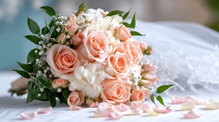 Obraz premium Fresh peach roses, baby breath, white flowers, and petals arranged beautifully for a wedding celebration in bright, soft lighting