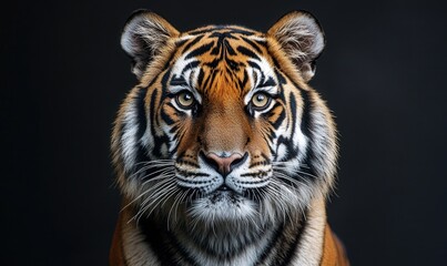 Fototapeta premium Majestic tiger against a dark background, showcasing its striking features and piercing gaze.