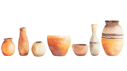 Ancient pottery collection with diverse shapes.
