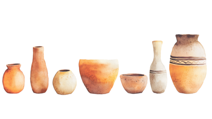 Ancient pottery collection with diverse shapes.