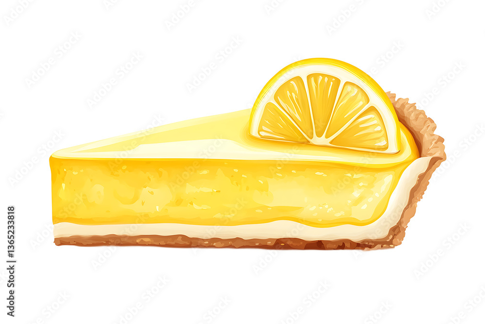 Poster a slice of lemon pie with a lemon wedge on top against a black background in a close up view