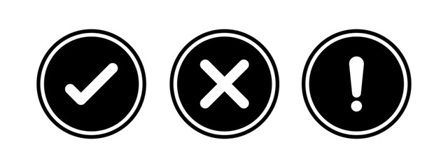 Check mark, cross, and exclamation mark icons in circular shapes for interface alerts, notifications, warnings, success, and error in flat vector style on white background