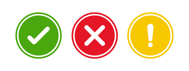Green check mark, red cross, and yellow exclamation mark icons in circular shapes for interface alerts, notifications, warnings, success, and error in flat vector style on white background