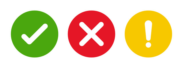 Green check mark, red cross, and yellow exclamation mark icons in circular shapes for interface alerts, notifications, warnings, success, and error in flat vector style on white background