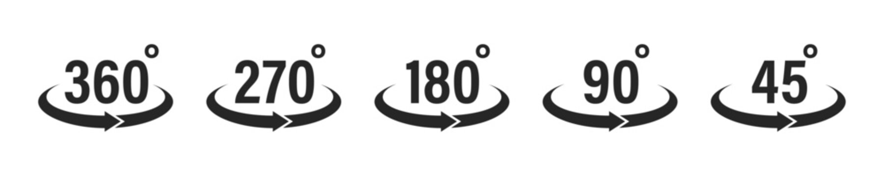 Rotation angle featuring 360&deg;, 270&deg;, 180&deg;, 90&deg;, and 45&deg; icon set with curved arrows. Perfect for user interfaces, infographics, graphic design, engineering, and motion-related visuals. Vector