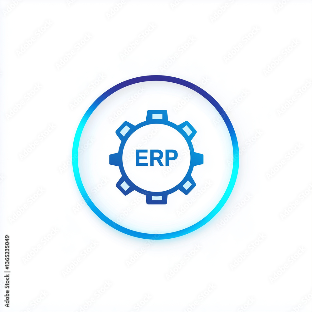 Poster enterprise resource planning concept, erp system icon gear with erp text in a blue circular frame