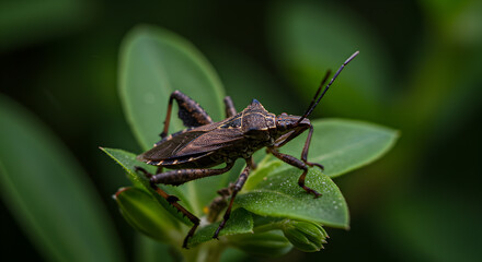 Leaf-footed bug resting on a verdant leaf in its natural habitat, macro shot