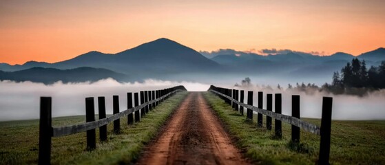 A dirt road winds through a foggy landscape, leading to a majestic mountain range.