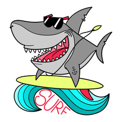 Illustration of a smiling shark wearing surfer glasses and a necklace, surfing on a surfboard, t-shirt design