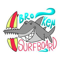 Illustration of a sawshark breaking a surfboard, t-shirt design