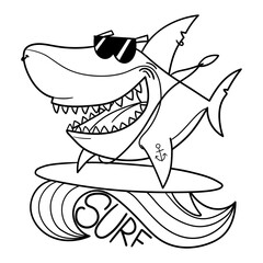 Illustration in black and white of a smiling shark wearing surfer glasses and a necklace, surfing on a surfboard, coloring page