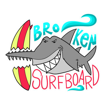 Illustration of a sawshark breaking a surfboard, t-shirt design