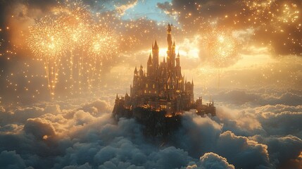 Obraz premium Ethereal Floating Castle Surrounded by Clouds with Beautiful Fireworks Lighting the Sky