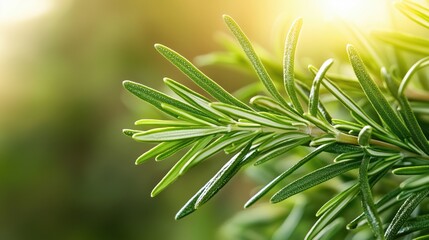 Fresh rosemary sprigs glistening under sunlight in a garden setting, showcasing vibrant green hues and natural beauty