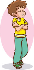 Cartoon angry little boy standing in a pose with his arms crossed and a frown. Colorful vector illustration of children's emotion isolated on white background.