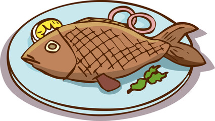 Grilled Fish Served on a Platter vector Illustration