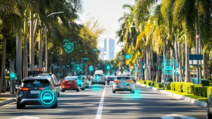 Obraz premium An AI powered intelligent traffic monitoring system, sensors and cameras optimizing traffic flow in real-time, Smart city tech style