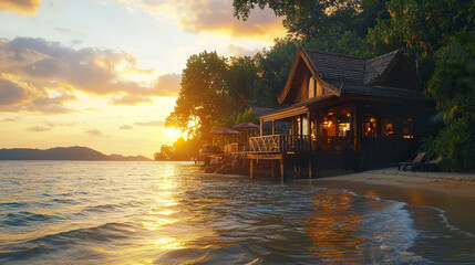 Fototapeta premium wooden Thai house by beach with soft ocean waves at sunset