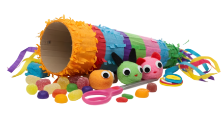 Colorful Party Scene with a Vibrant Piñata Surrounded by Candy and Plush Toys on a White Background for Celebrations and Festivities